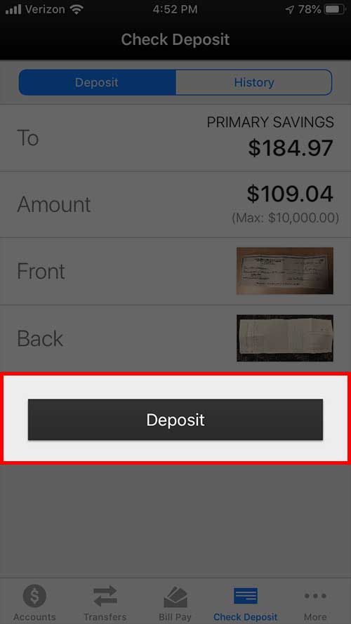 Screenshot of an online banking mobile app showing press “Deposit” and you’re done.