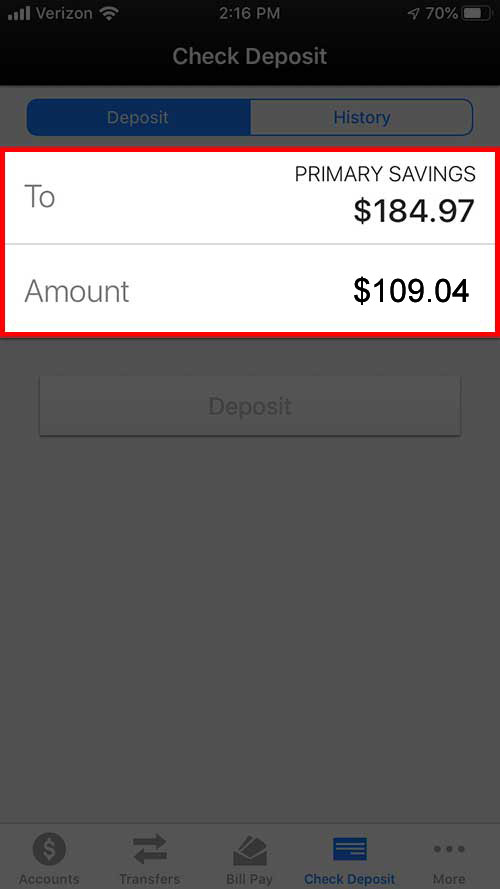 Screenshot of an online banking mobile app showing select the account to deposit to and enter the amount.