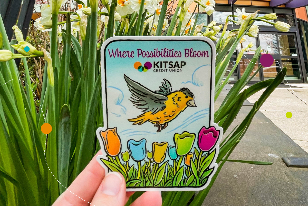 Sticker featuring bird soaring over tulips