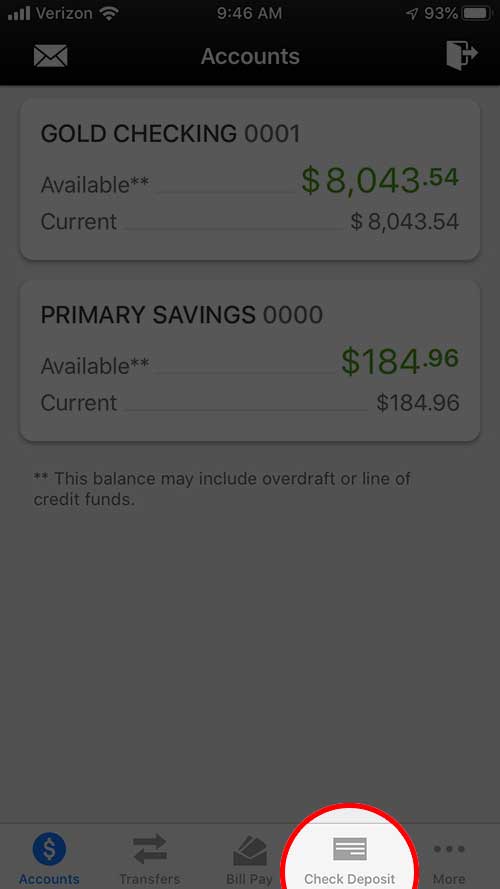 Screenshot of an online banking mobile app showing Check Deposit.