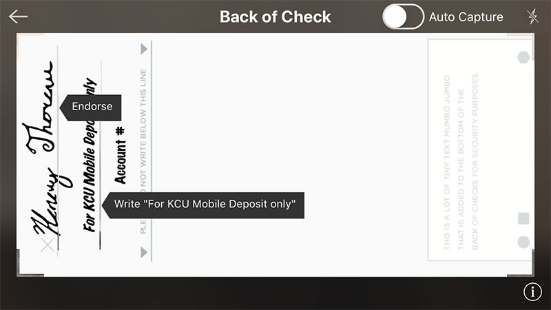 Screenshot of an online banking mobile app showing endorse the back of the check with “For KCU Mobile Deposit Only,” your signature, and your account number.