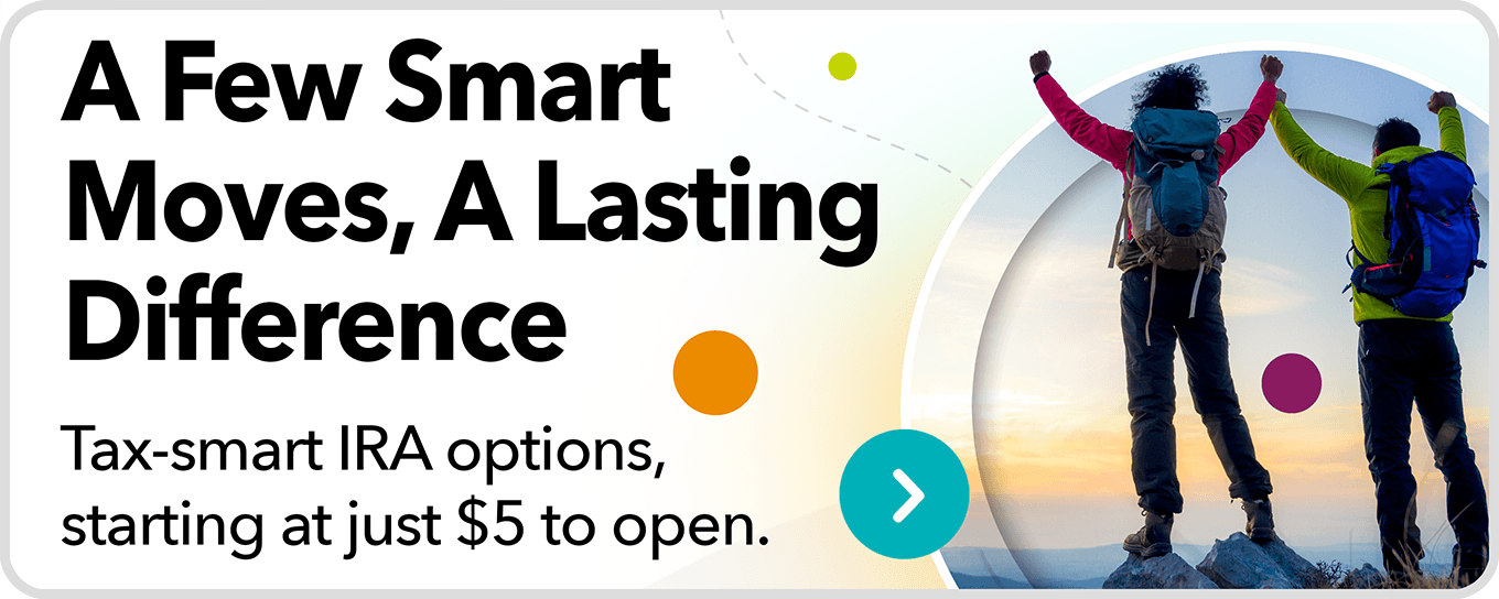 Tax-smart IRA promotion showing two people celebrating on a mountain with text about making a lasting financial difference.